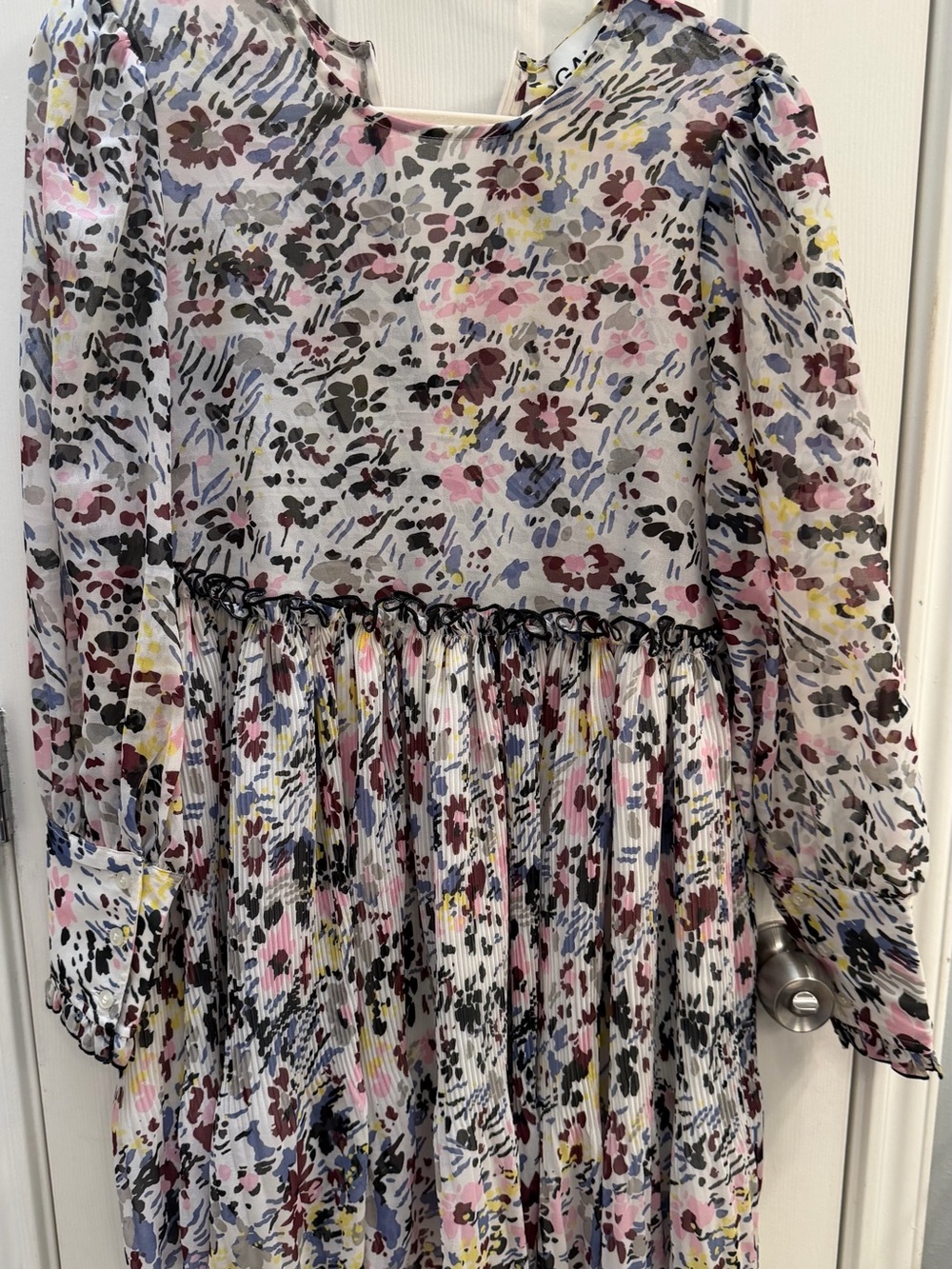 Ganni Floral Pleated Long-Sleeve Dress - Pink, Blue, Yellow